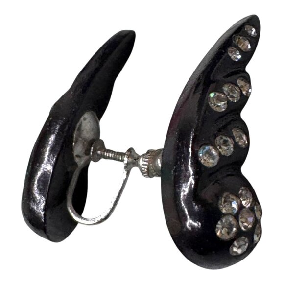 Vintage Black Clip-On Earrings Lucite Angel Wings Screw Back Rhinestone Accents - Picture 6 of 7